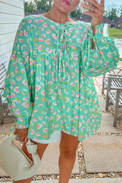 Green Abstract Printed Lace-up Lantern Sleeve Babydoll Blouse - Love Salve 
