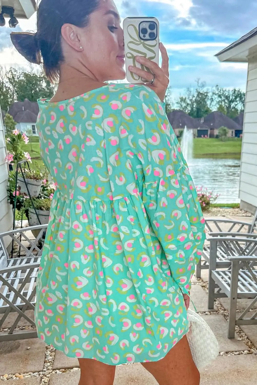 Green Abstract Printed Lace-up Lantern Sleeve Babydoll Blouse - Love Salve 