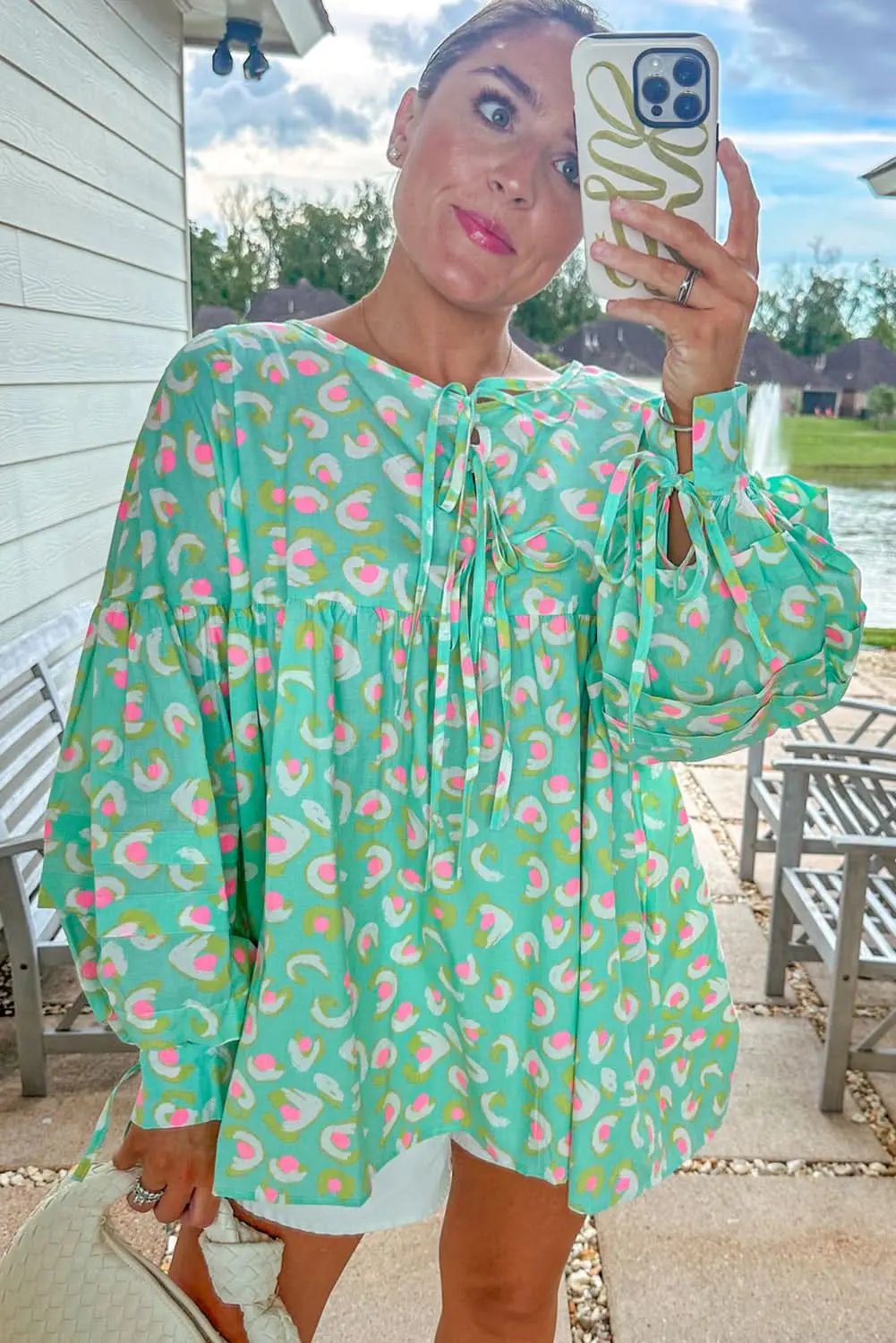 Green Abstract Printed Lace-up Lantern Sleeve Babydoll Blouse - Love Salve 