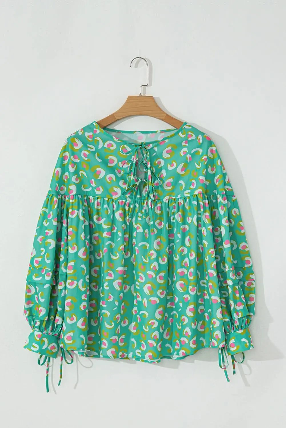 Green Abstract Printed Lace-up Lantern Sleeve Babydoll Blouse - Love Salve 
