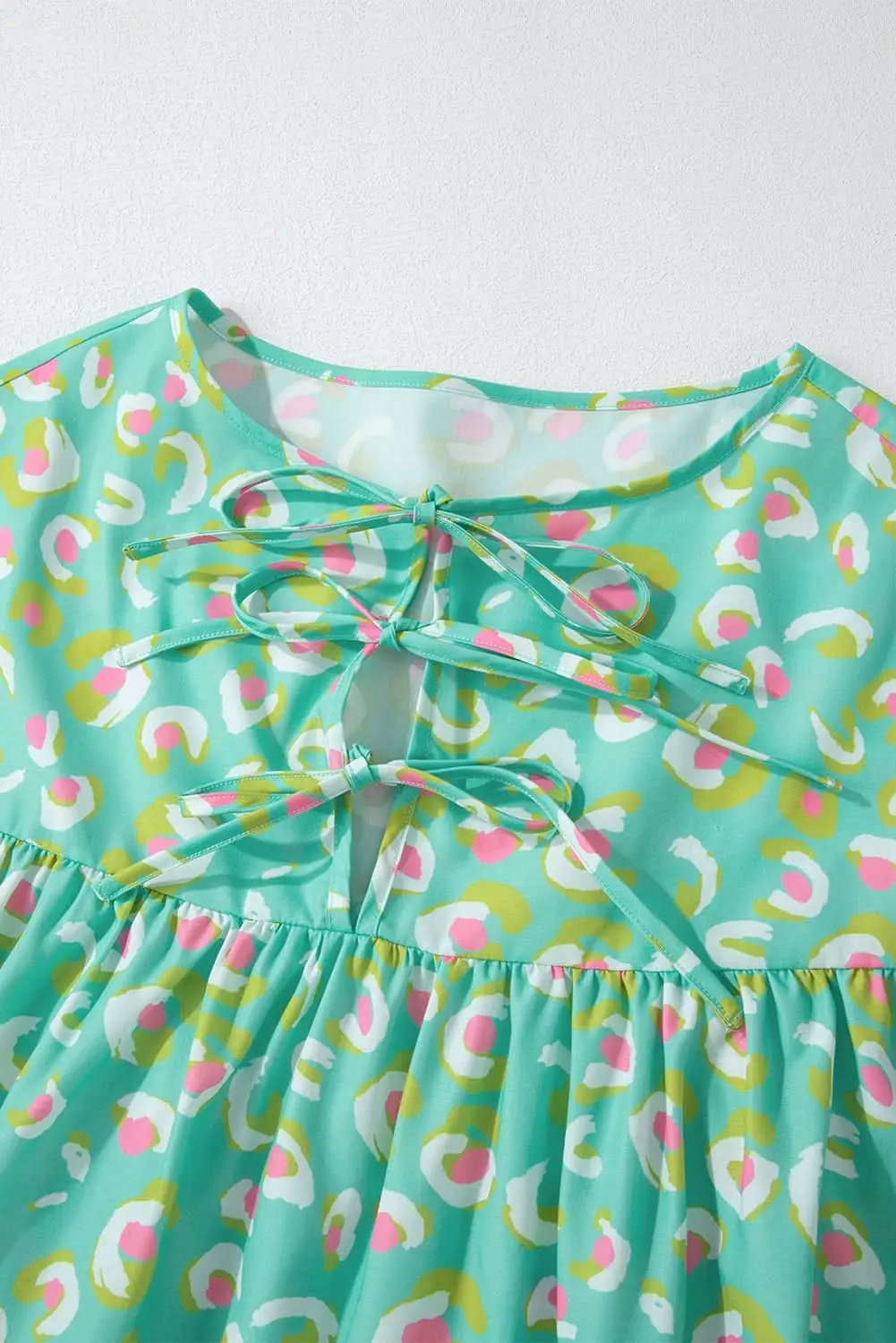 Green Abstract Printed Lace-up Lantern Sleeve Babydoll Blouse - Love Salve 