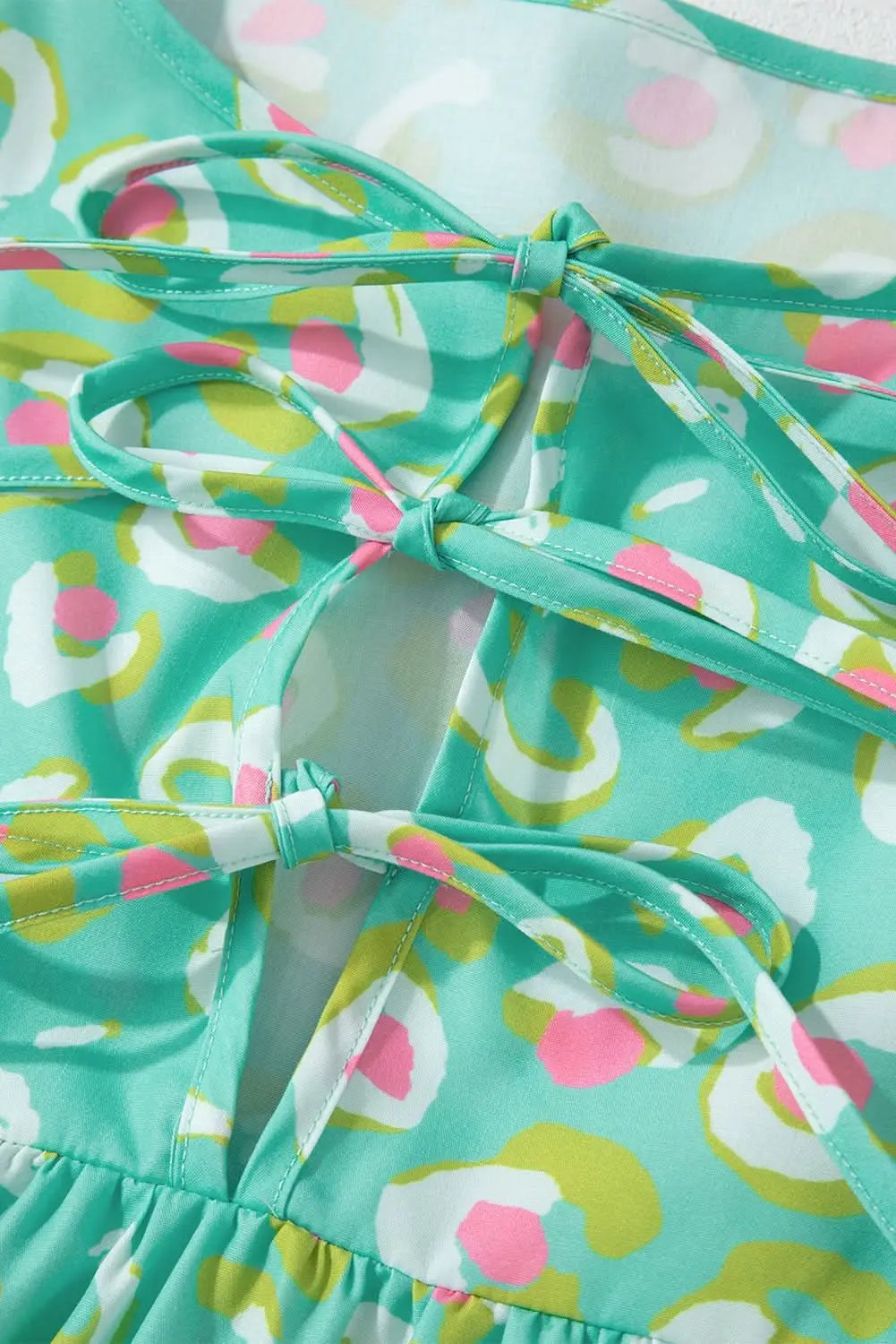 Green Abstract Printed Lace-up Lantern Sleeve Babydoll Blouse - Love Salve 