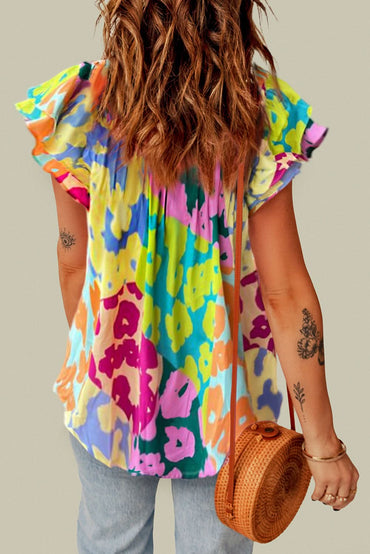 Multicolour Leopard Flutter Sleeve V Neck Crinkled Blouse - Love Salve 