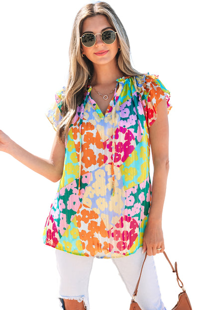 Multicolour Leopard Flutter Sleeve V Neck Crinkled Blouse - Love Salve 