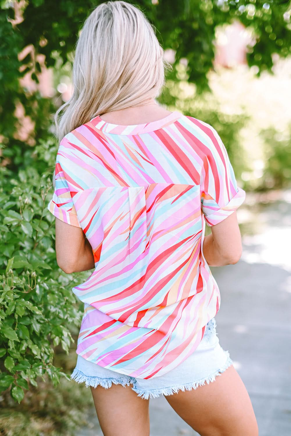 Multicolour Abstract Print High Low Short Sleeve Blouse - Love Salve 