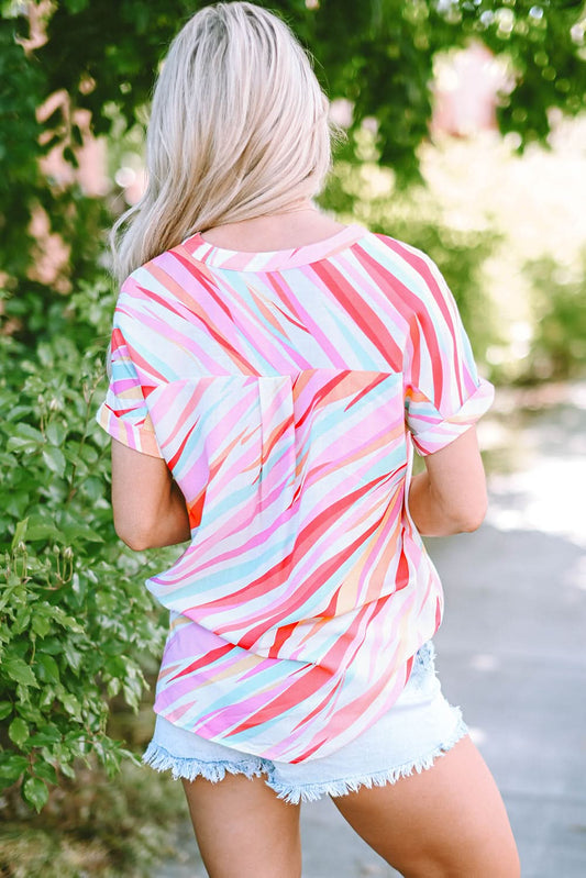 Multicolour Abstract Print High Low Short Sleeve Blouse - Love Salve 