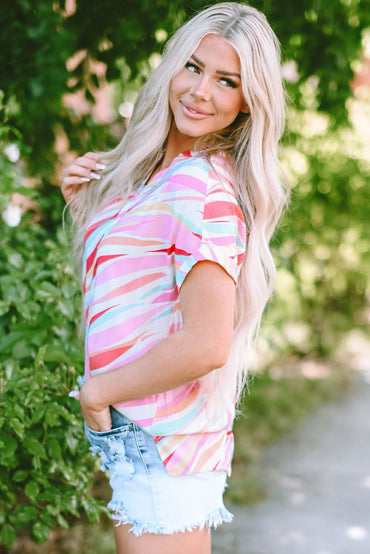 Multicolour Abstract Print High Low Short Sleeve Blouse - Love Salve 