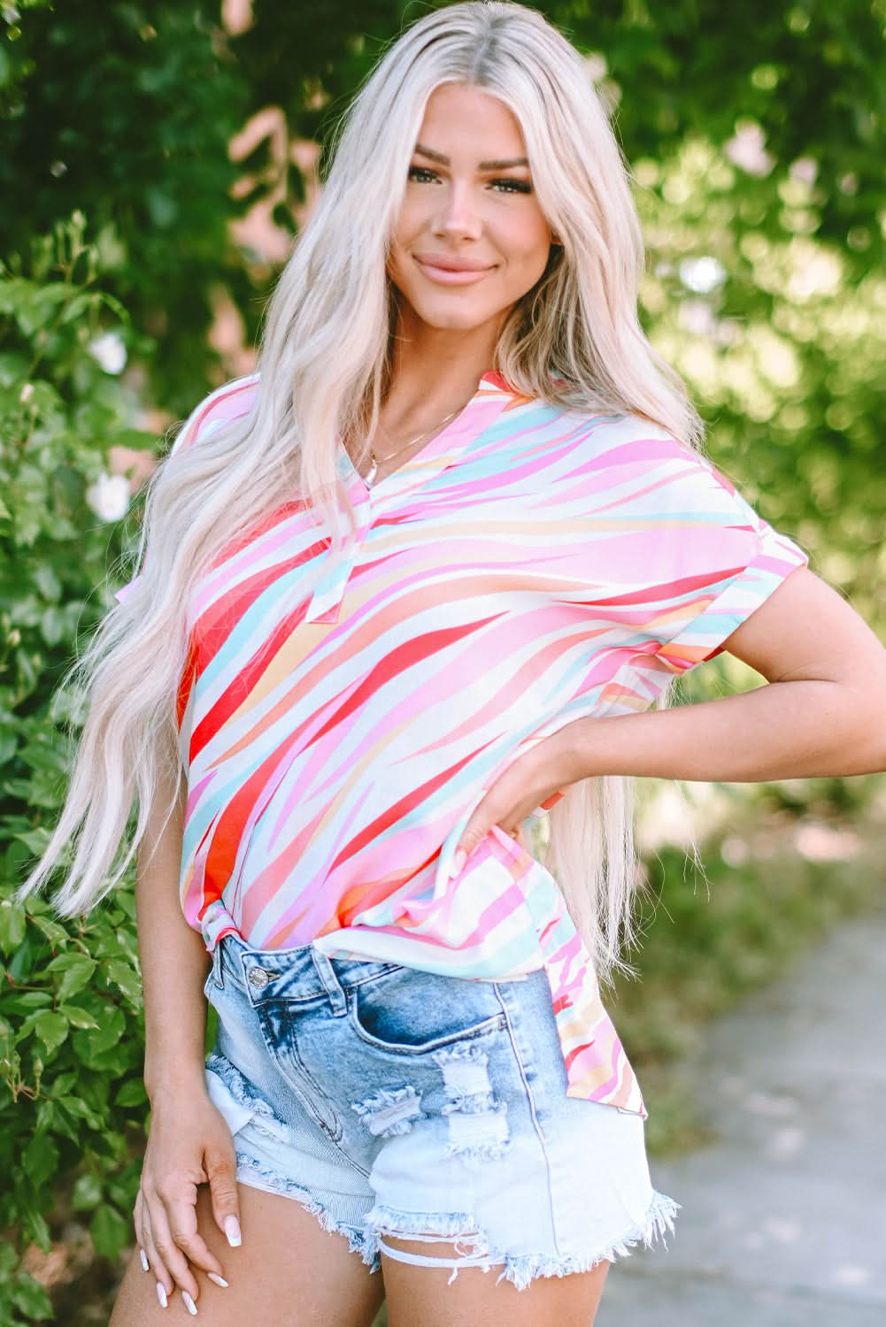 Multicolour Abstract Print High Low Short Sleeve Blouse - Love Salve 