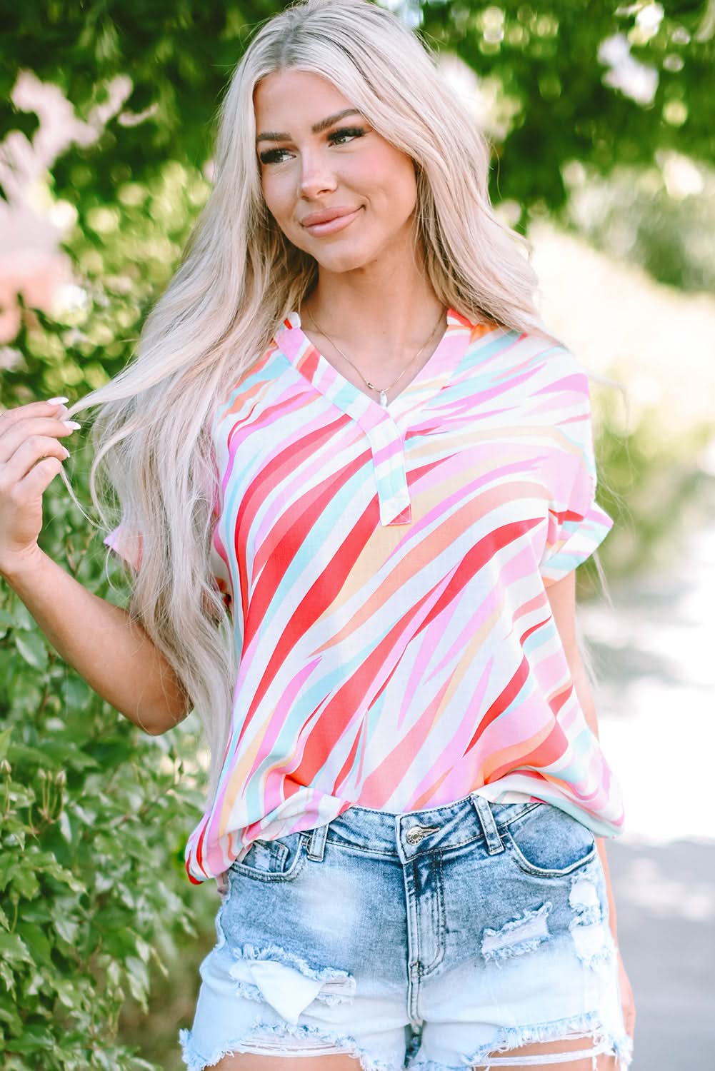 Multicolour Abstract Print High Low Short Sleeve Blouse - Love Salve 