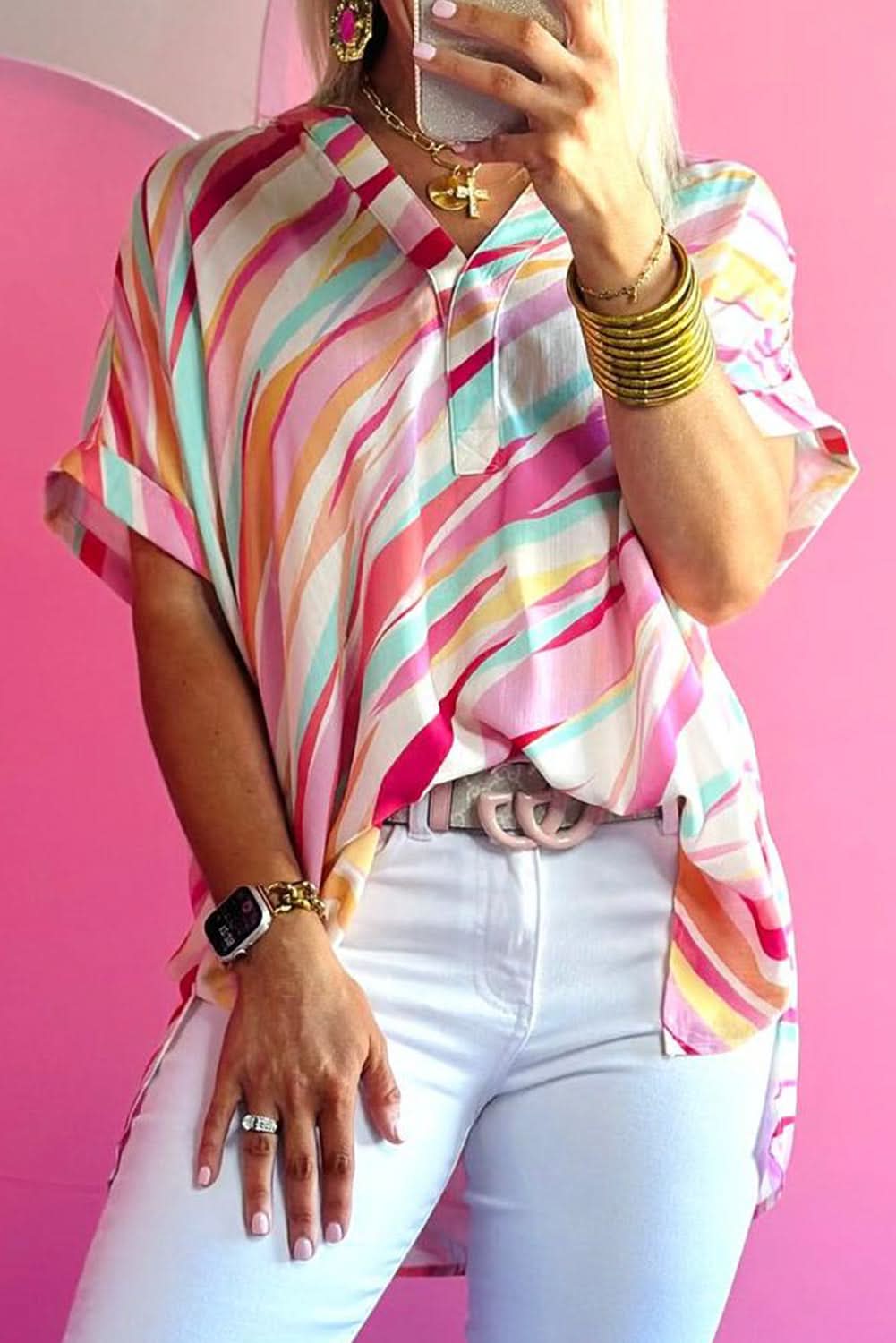Multicolour Abstract Print High Low Short Sleeve Blouse - Love Salve 