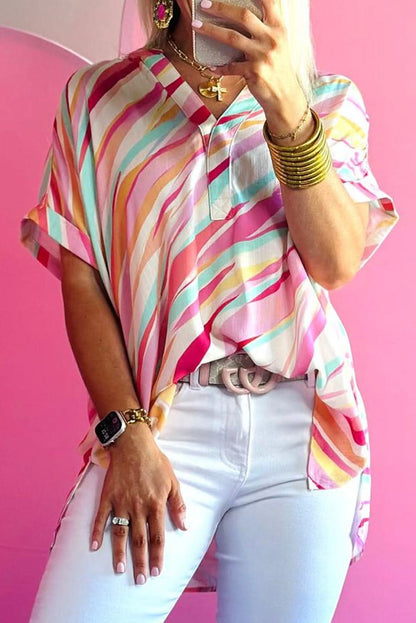 Multicolour Abstract Print High Low Short Sleeve Blouse - Love Salve 