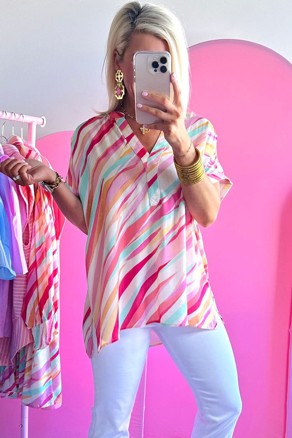 Multicolour Abstract Print High Low Short Sleeve Blouse - Love Salve 