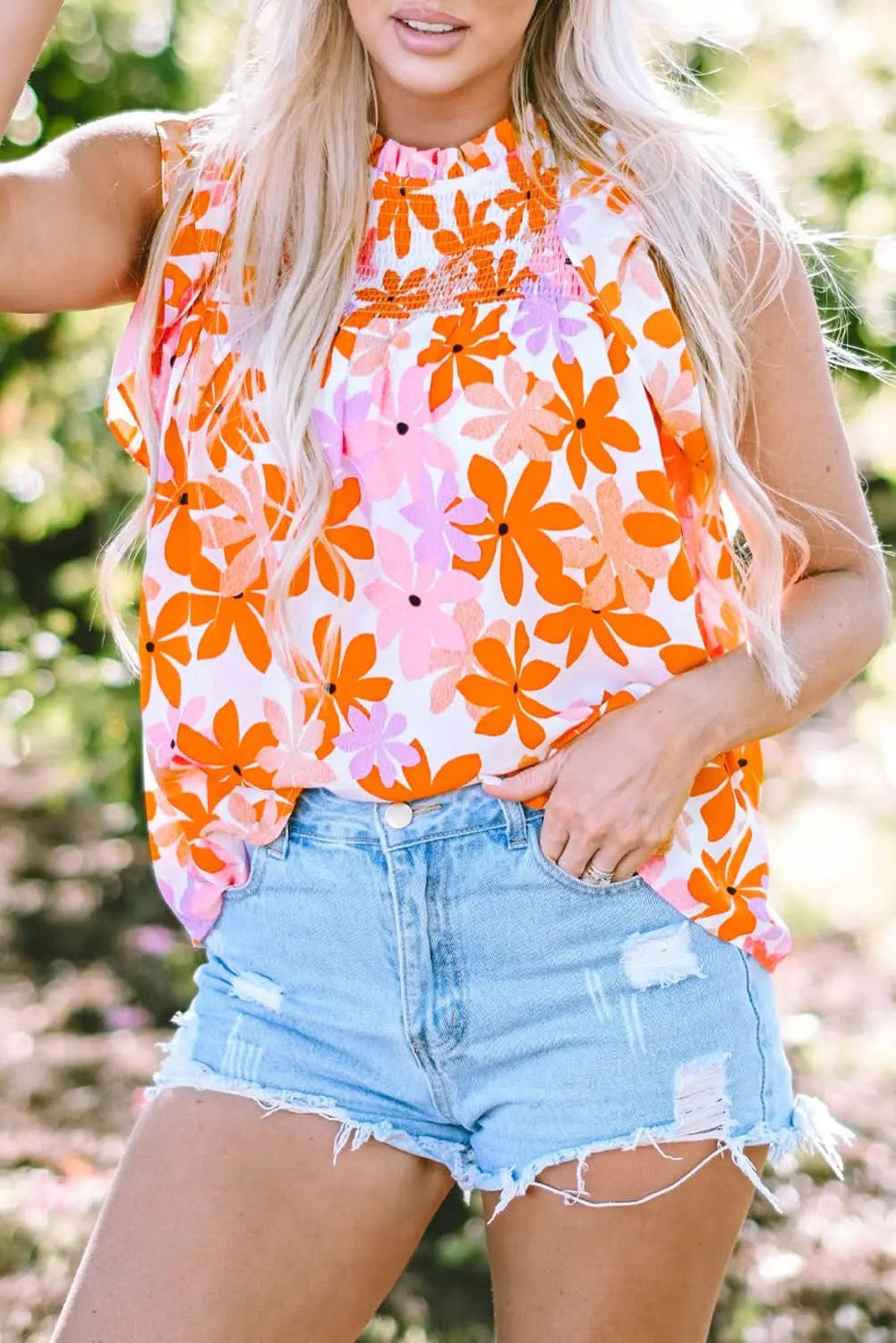 Orange Ruffled Sleeve Smocked Floral Top - Love Salve 