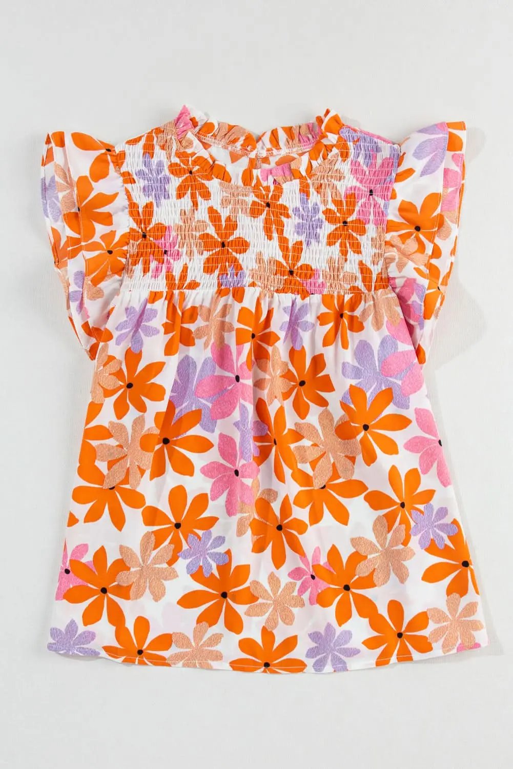 Orange Ruffled Sleeve Smocked Floral Top - Love Salve 