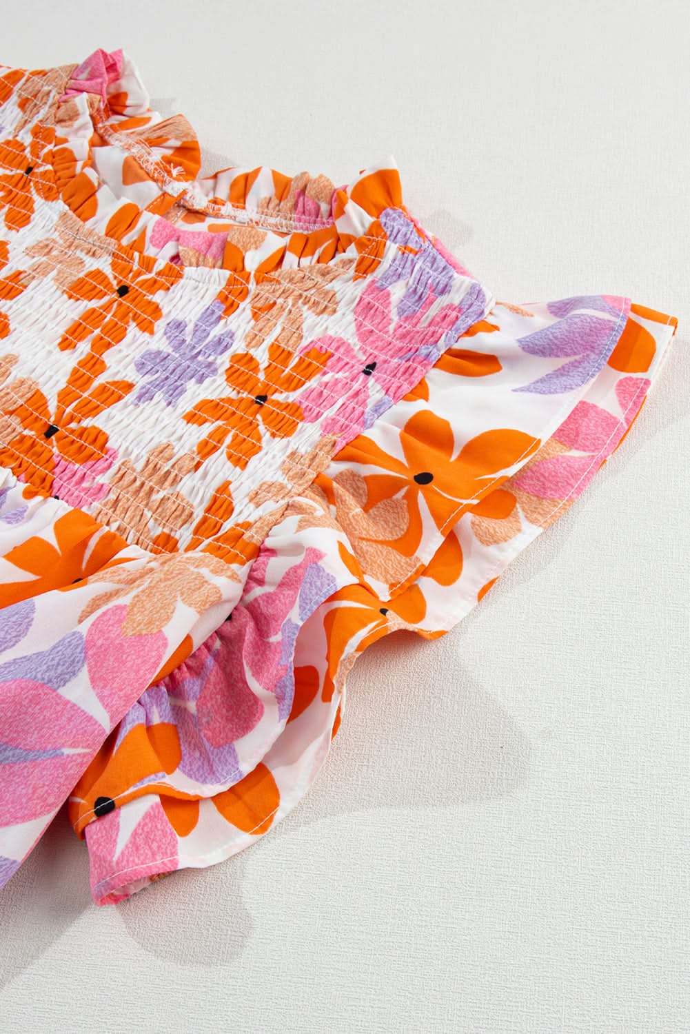 Orange Ruffled Sleeve Smocked Floral Top - Love Salve 