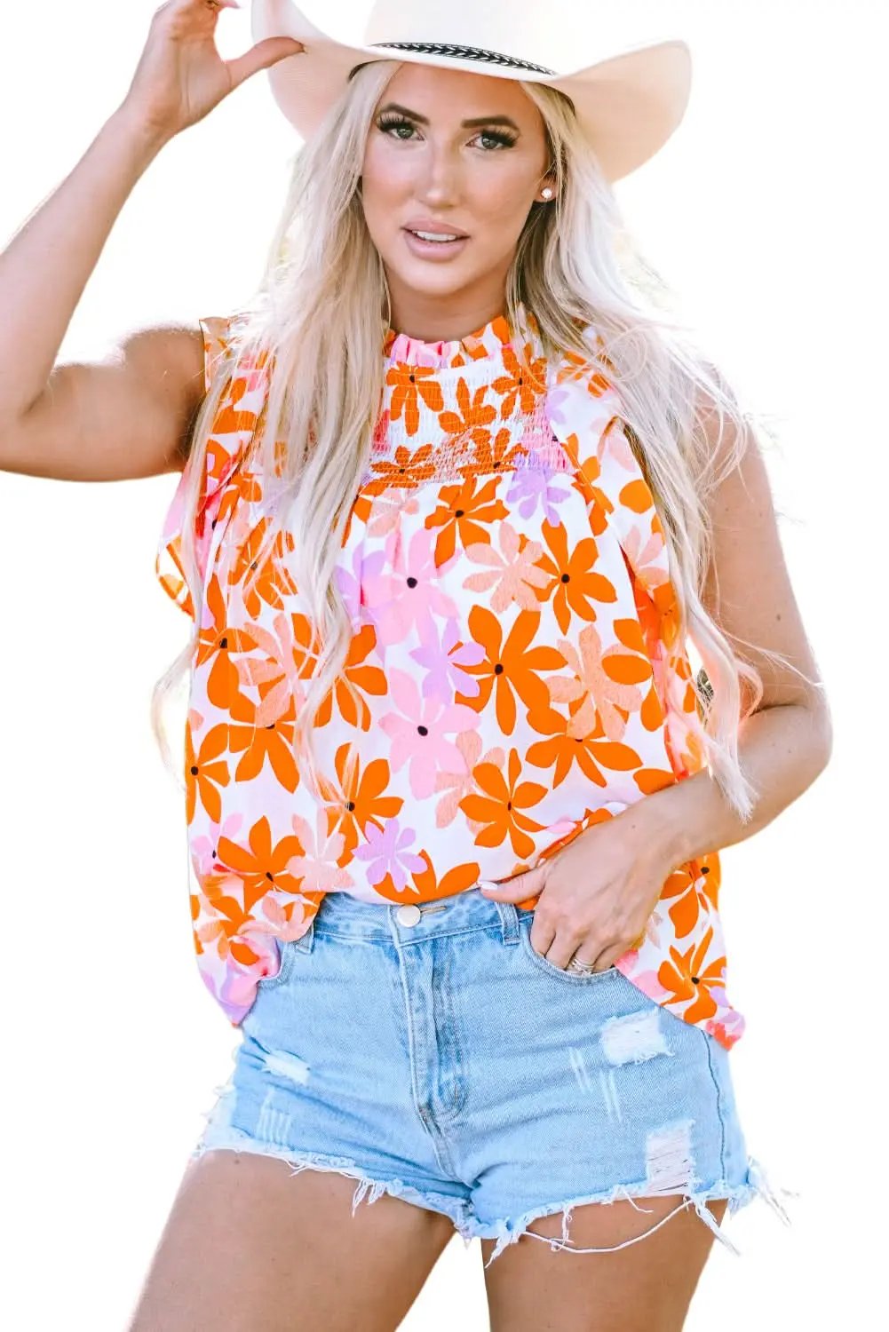 Orange Ruffled Sleeve Smocked Floral Top - Love Salve 