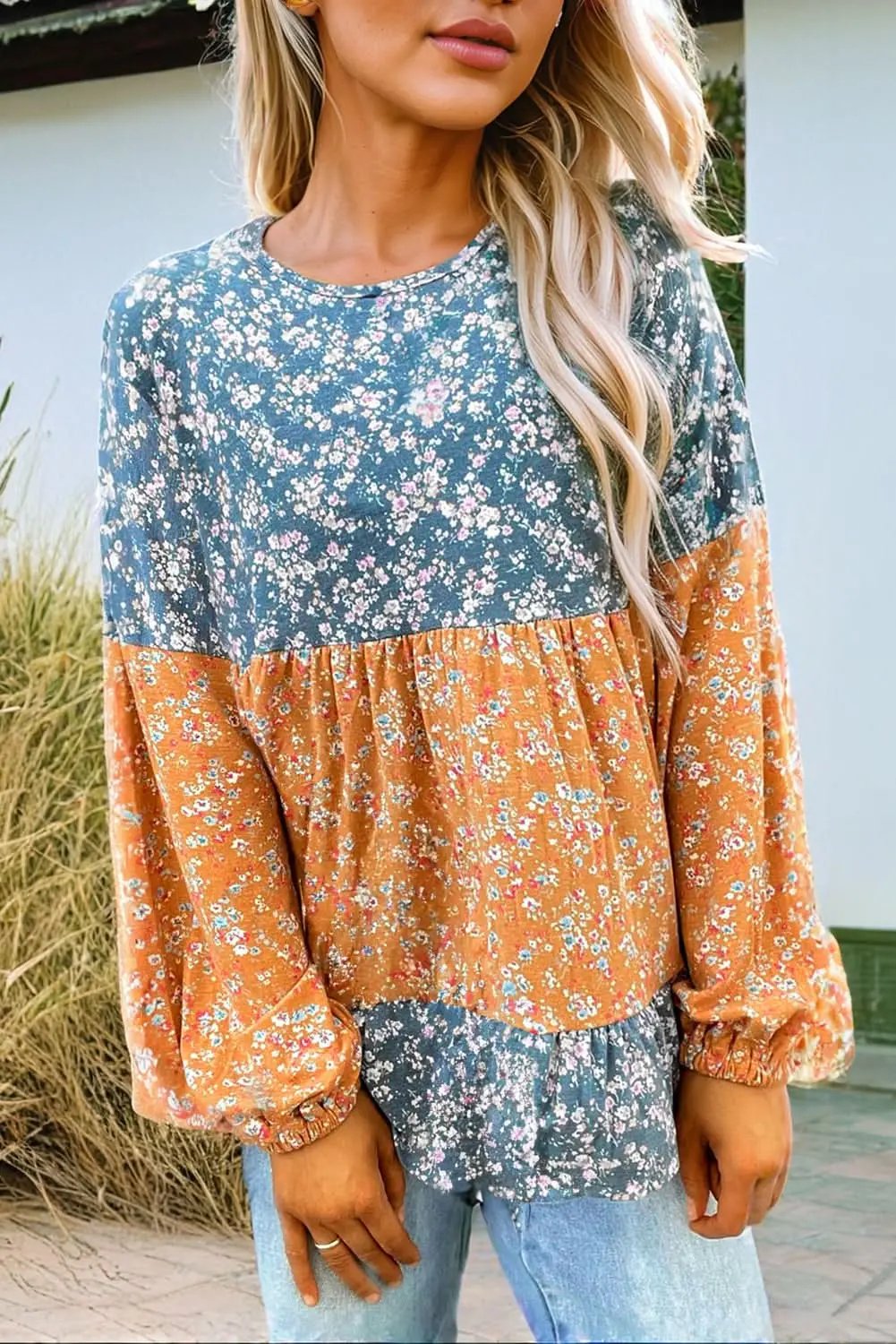 Orange Floral Color Block Ruffled Hem Round Neck Blouse - Love Salve 