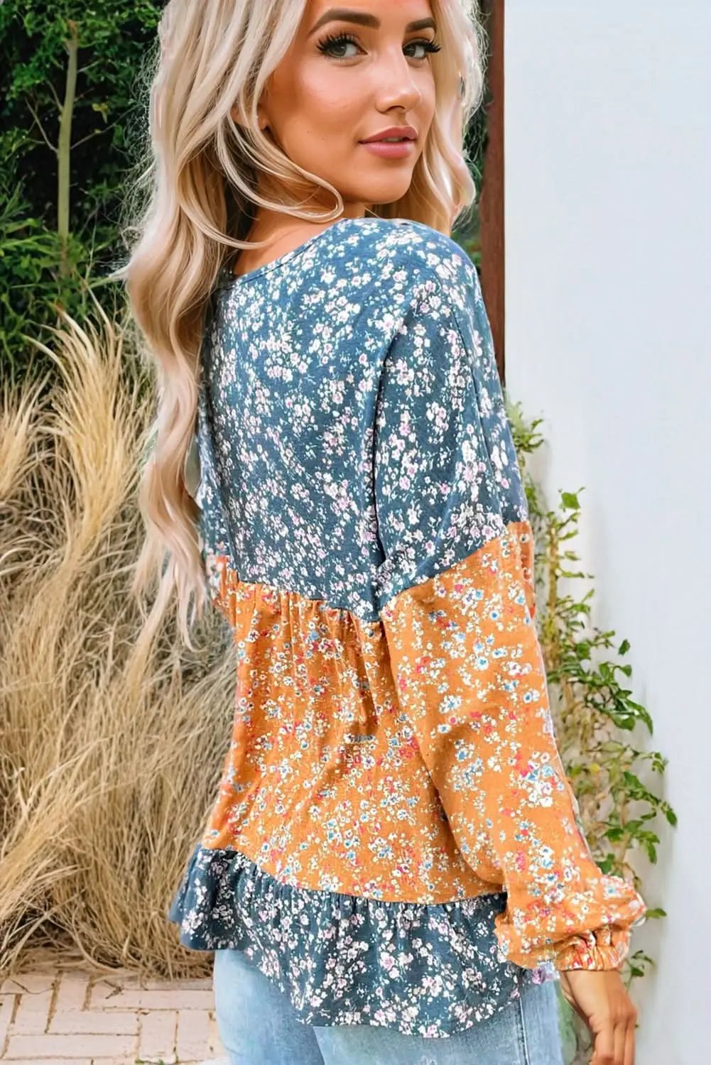 Orange Floral Color Block Ruffled Hem Round Neck Blouse - Love Salve 