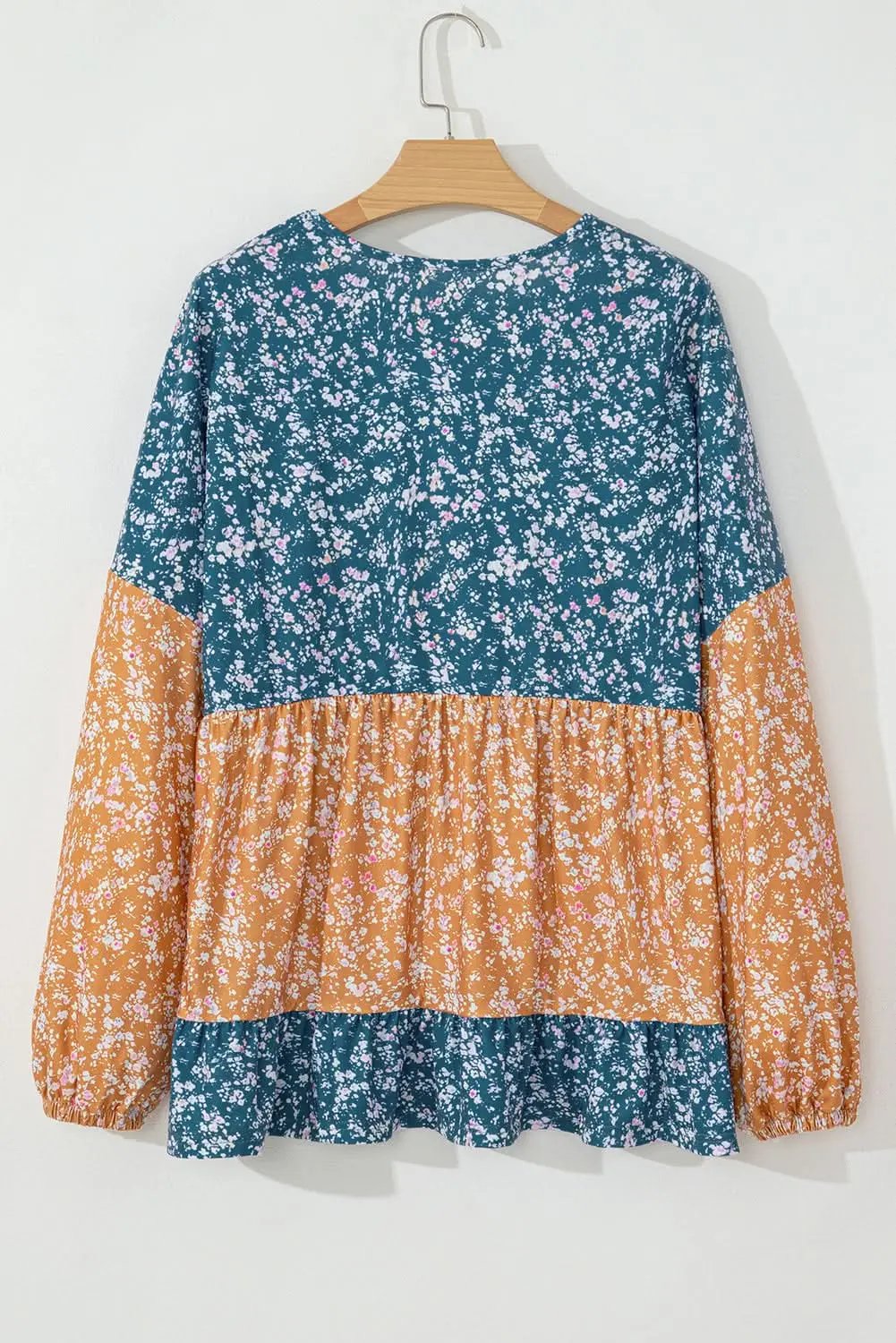 Orange Floral Color Block Ruffled Hem Round Neck Blouse - Love Salve 