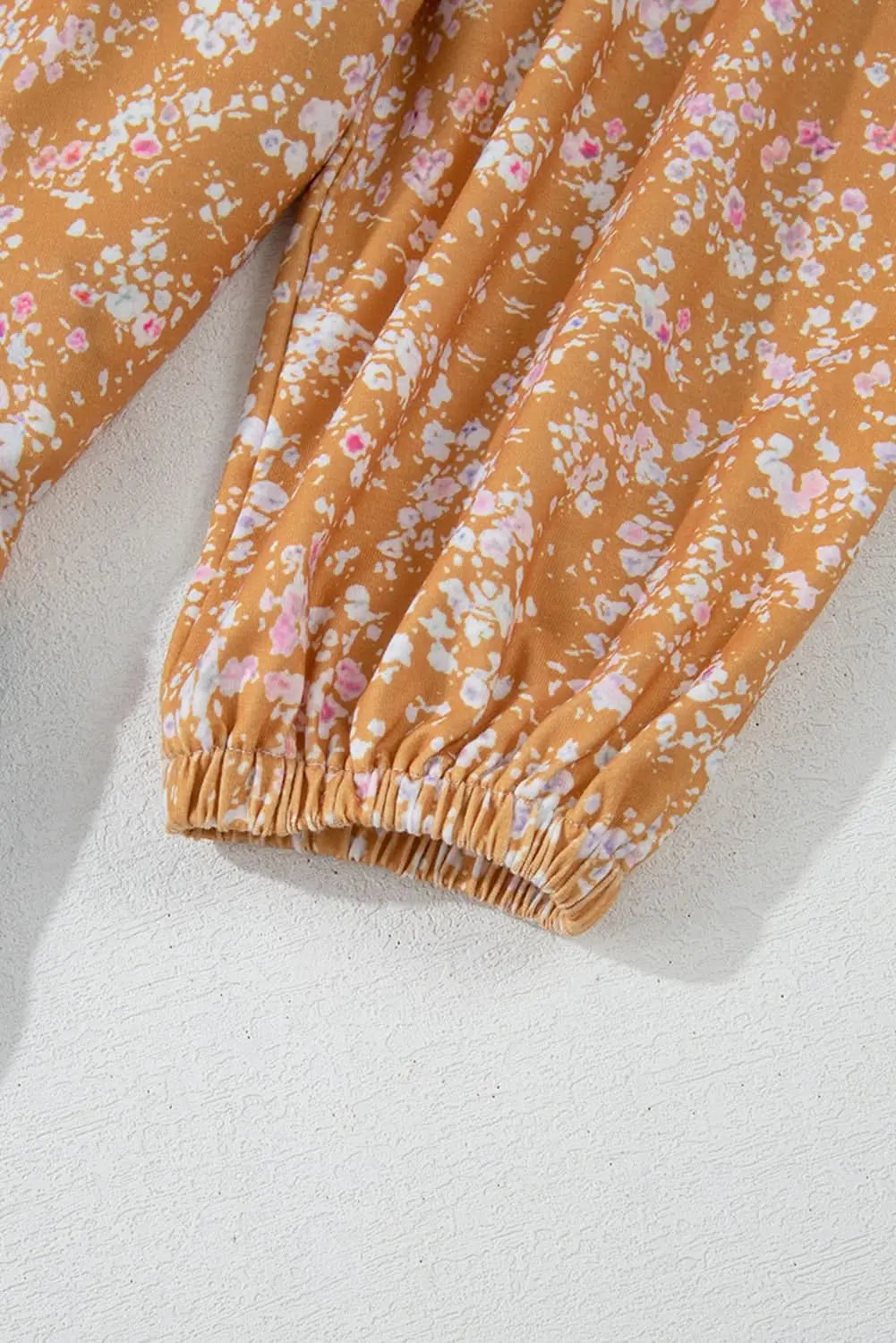 Orange Floral Color Block Ruffled Hem Round Neck Blouse - Love Salve 