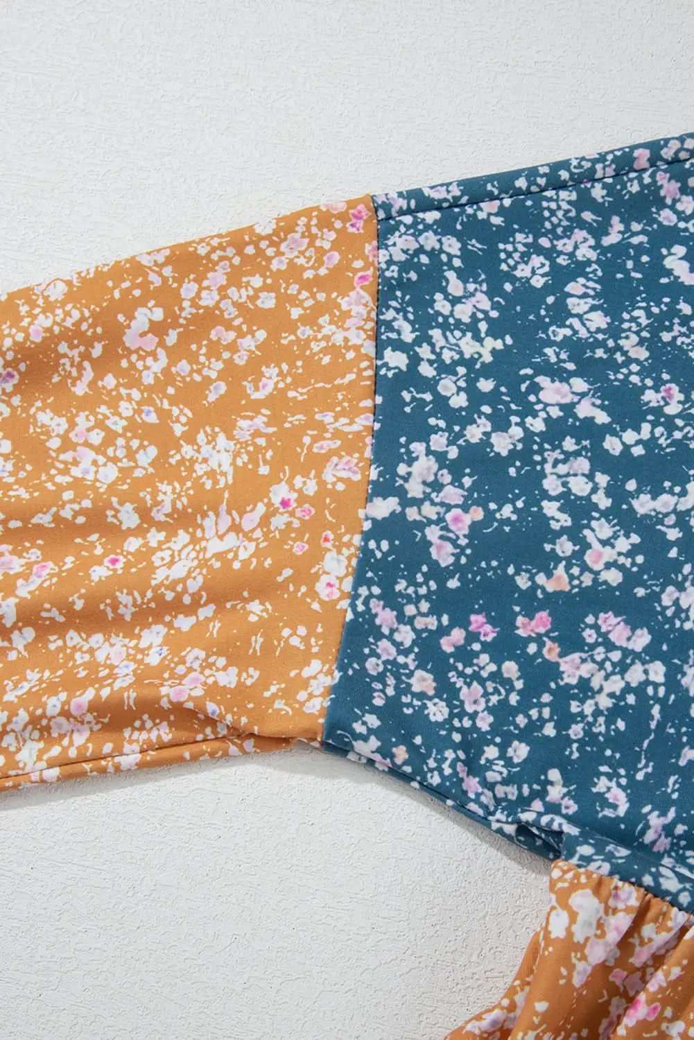 Orange Floral Color Block Ruffled Hem Round Neck Blouse - Love Salve 