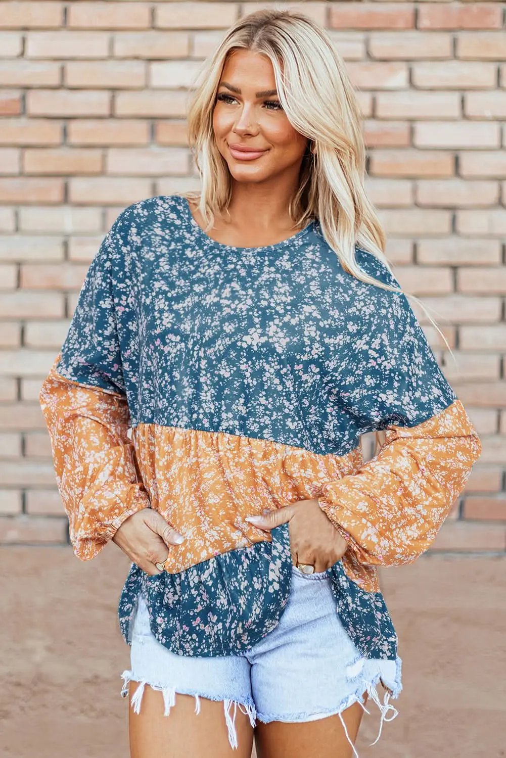 Orange Floral Color Block Ruffled Hem Round Neck Blouse - Love Salve 