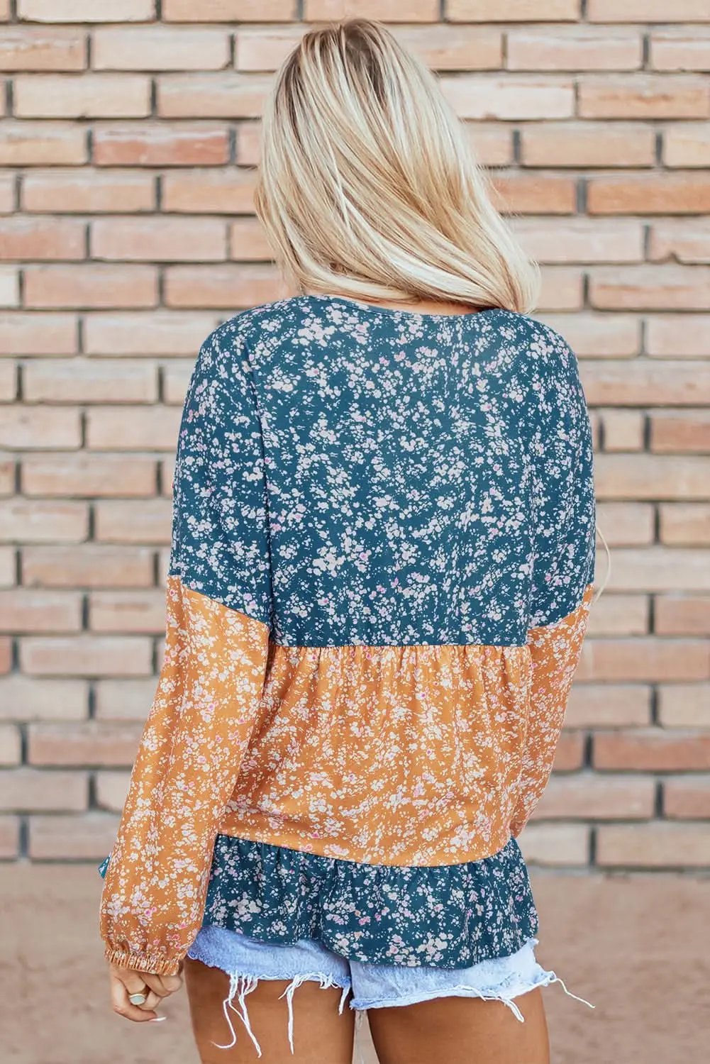 Orange Floral Color Block Ruffled Hem Round Neck Blouse - Love Salve 