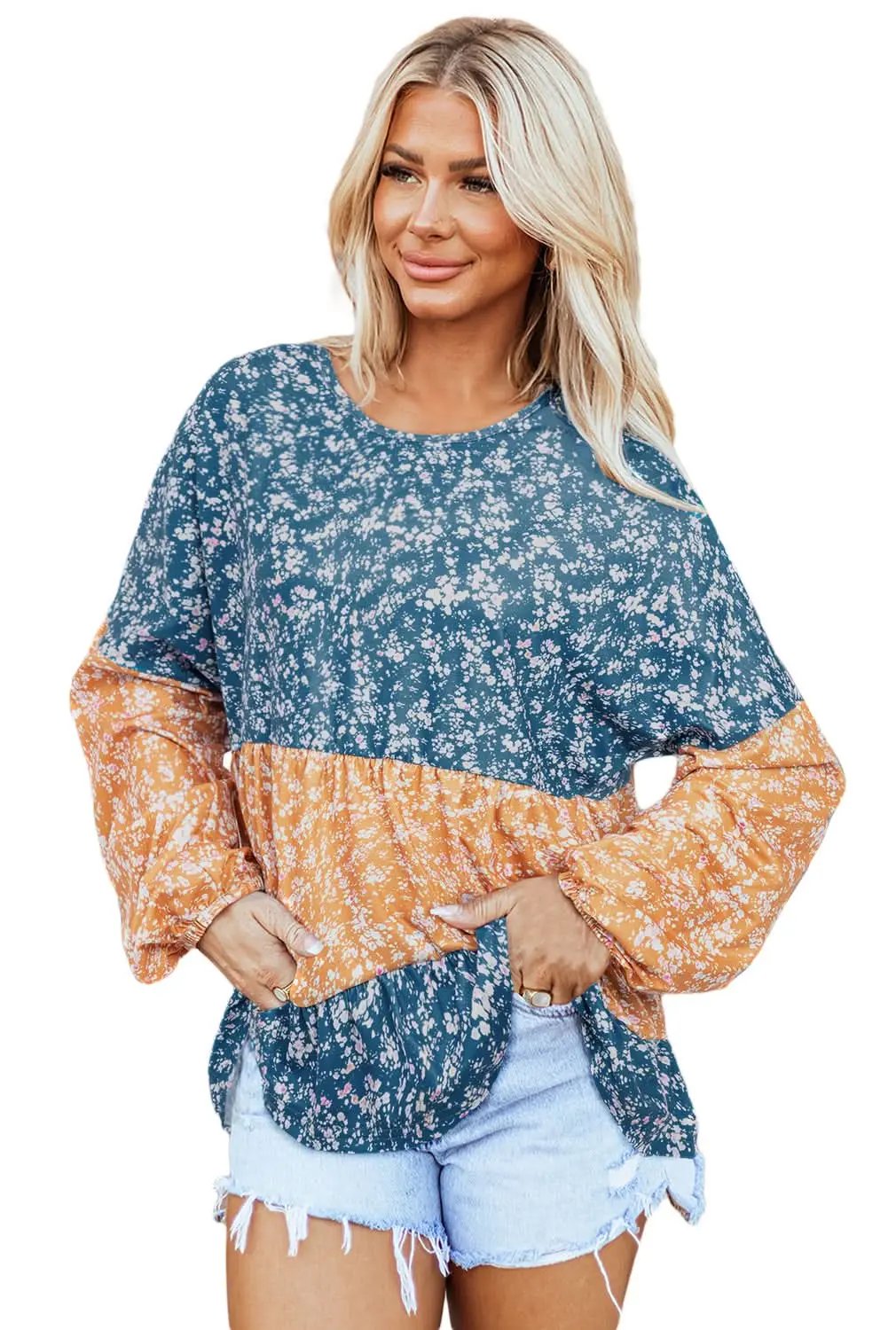 Orange Floral Color Block Ruffled Hem Round Neck Blouse - Love Salve 