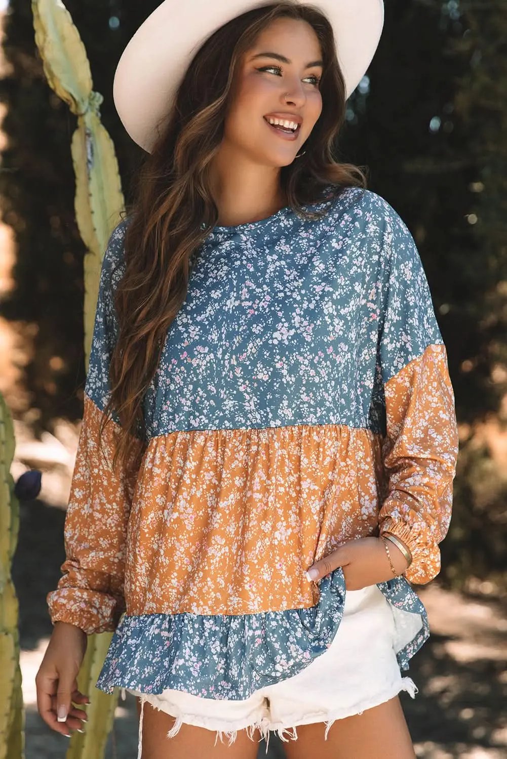 Orange Floral Color Block Ruffled Hem Round Neck Blouse - Love Salve 