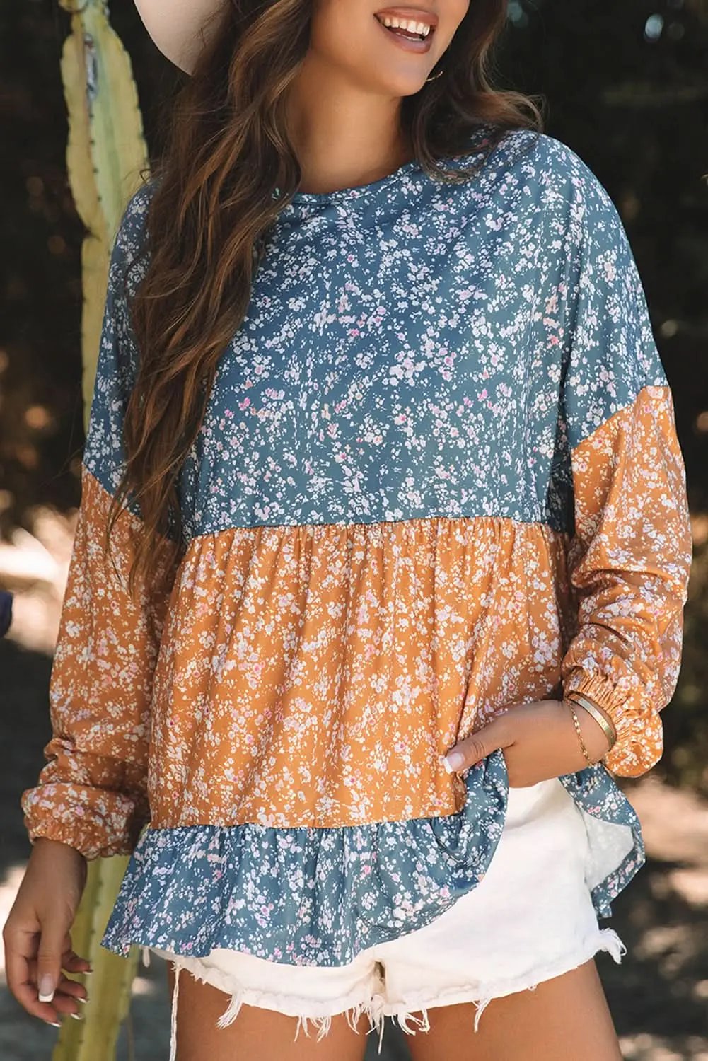 Orange Floral Color Block Ruffled Hem Round Neck Blouse - Love Salve 