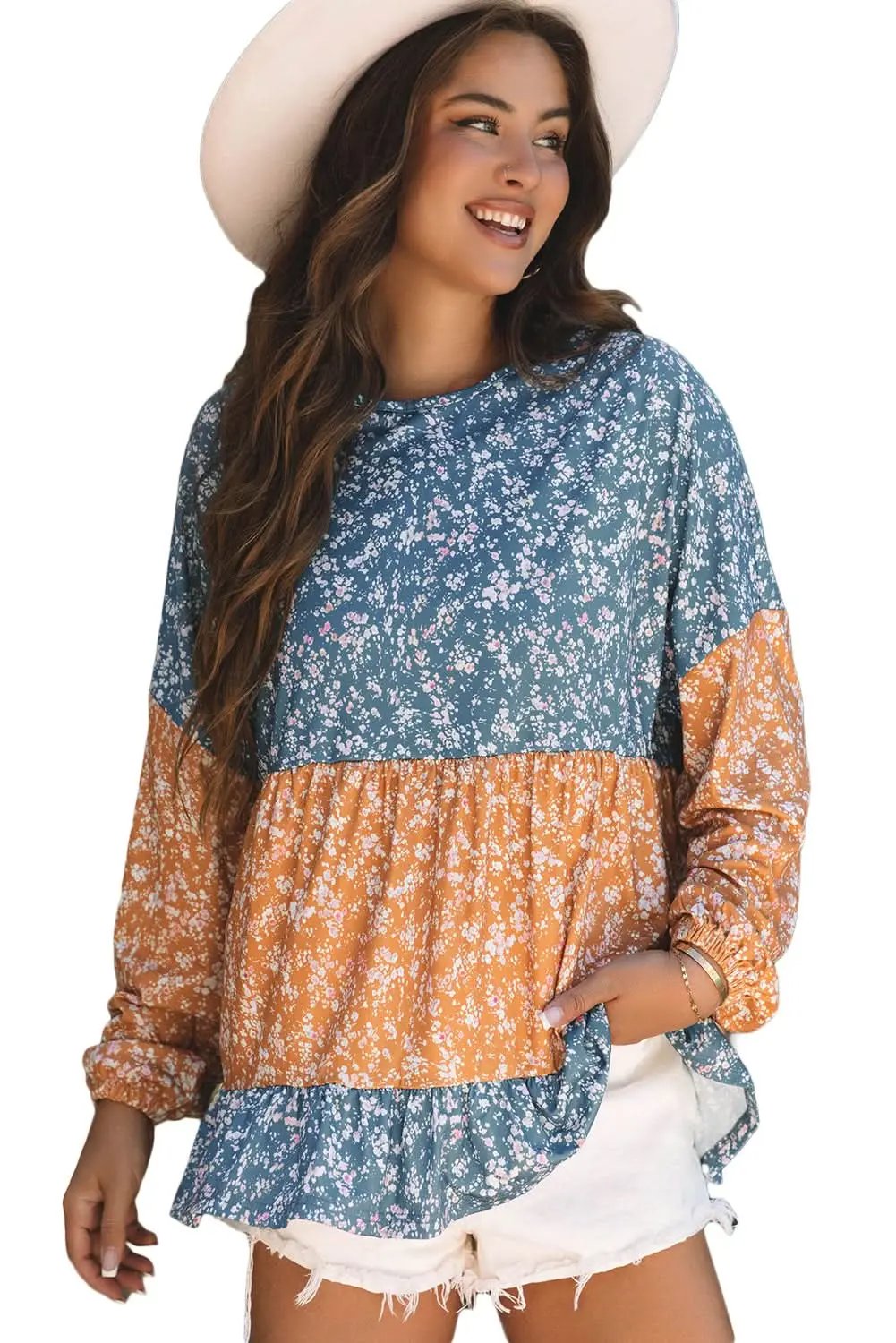 Orange Floral Color Block Ruffled Hem Round Neck Blouse - Love Salve 
