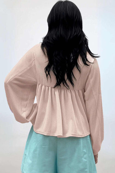 Parchment Corded Turn-down V Neck Bubble Sleeve Babydoll Blouse - Love Salve 