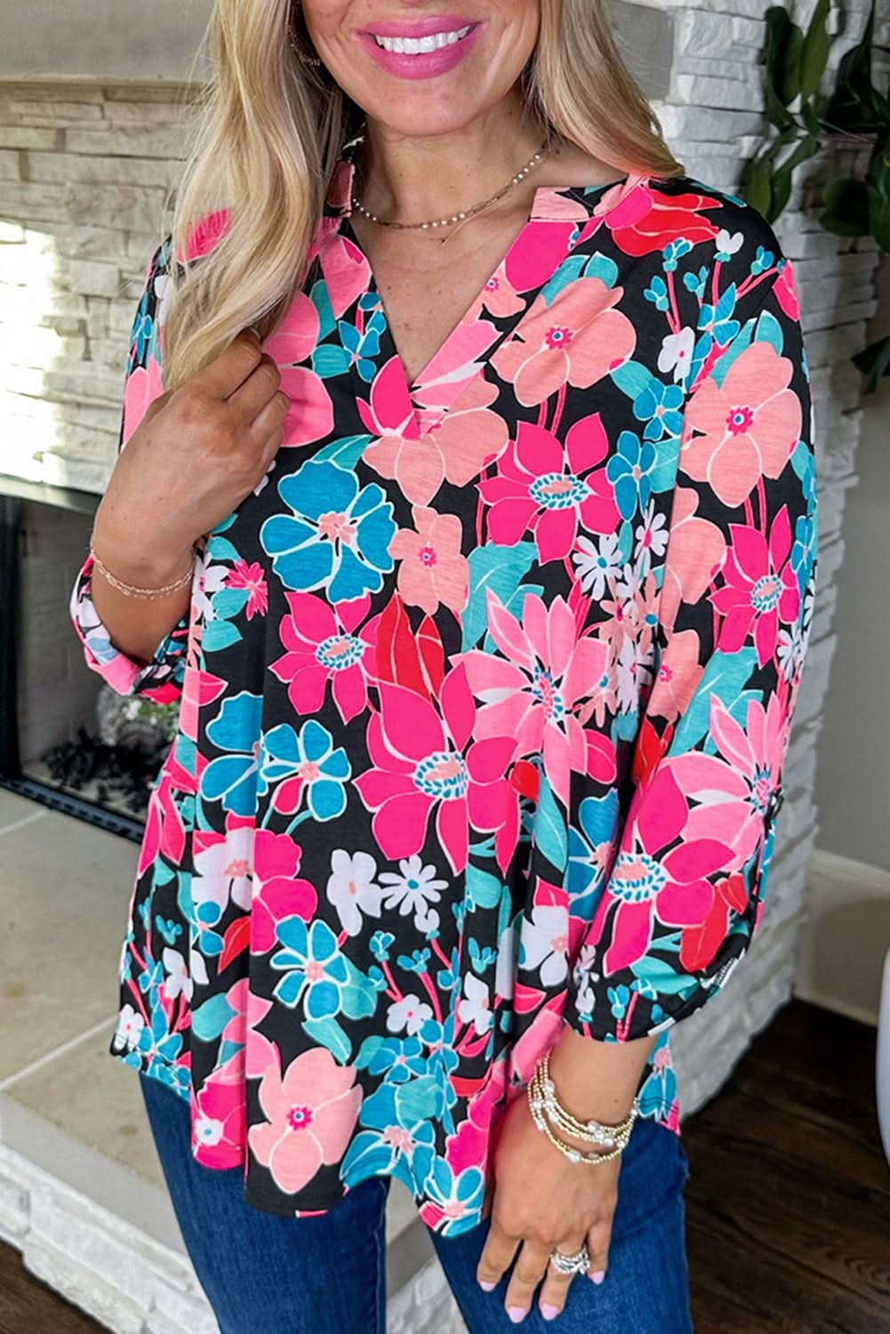Pink Floral V Neck Roll Tab Sleeve Blouse - Love Salve 