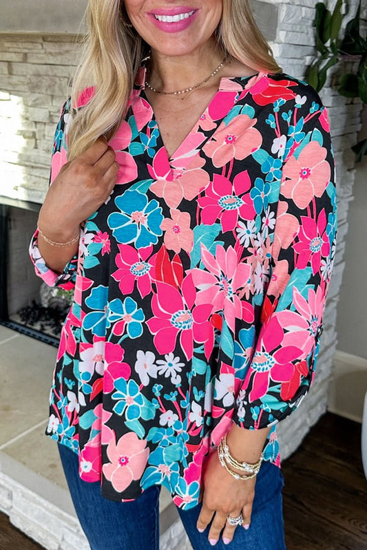 Pink Floral V Neck Roll Tab Sleeve Blouse - Love Salve 