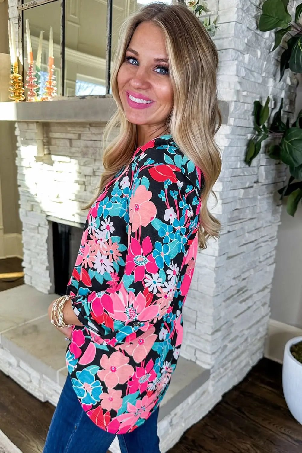 Pink Floral V Neck Roll Tab Sleeve Blouse - Love Salve 