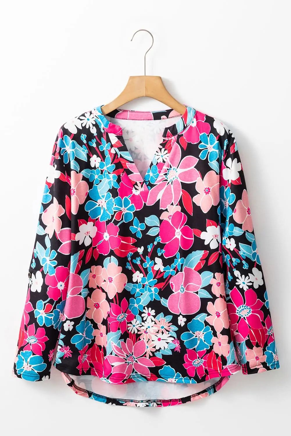 Pink Floral V Neck Roll Tab Sleeve Blouse - Love Salve 