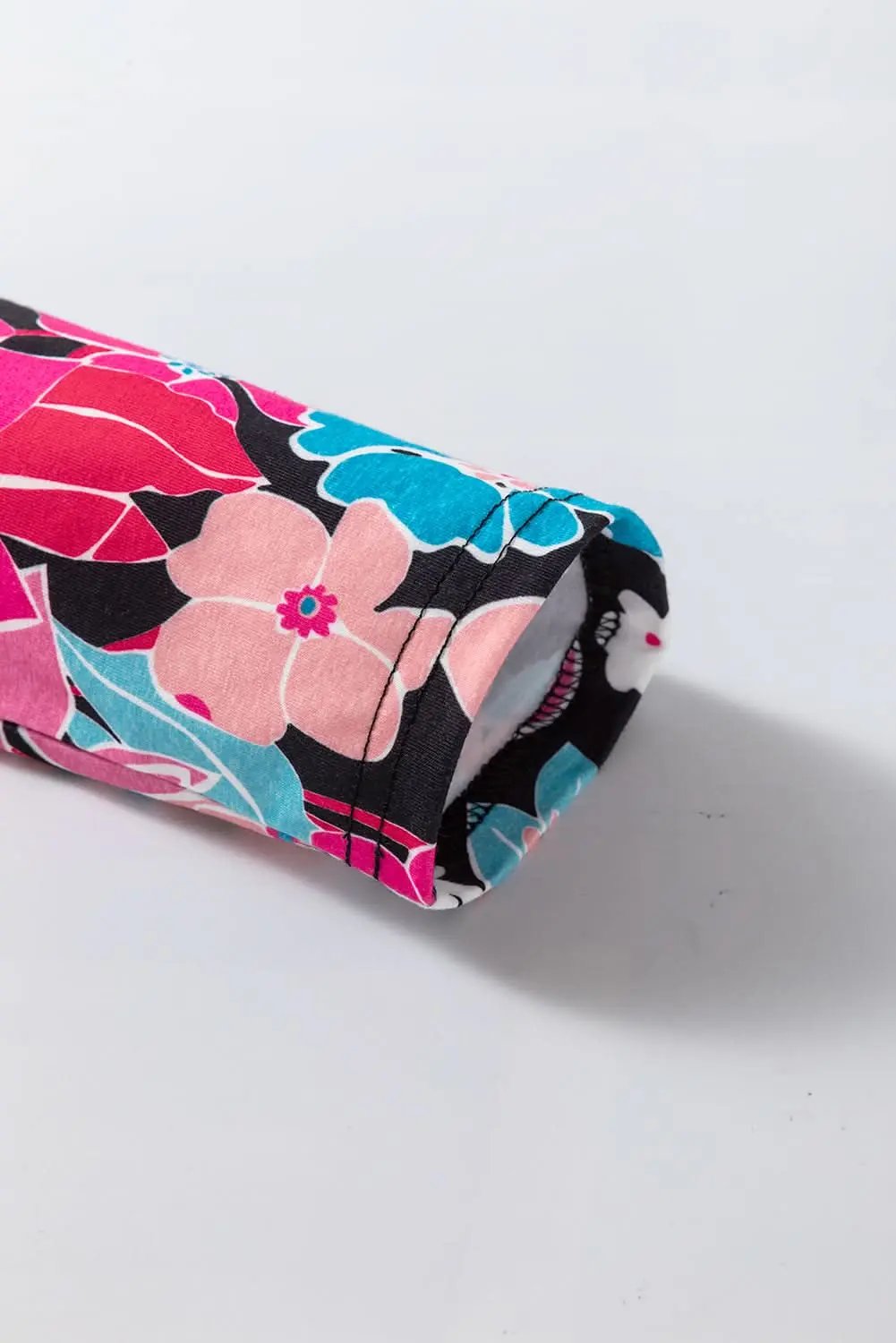 Pink Floral V Neck Roll Tab Sleeve Blouse - Love Salve 