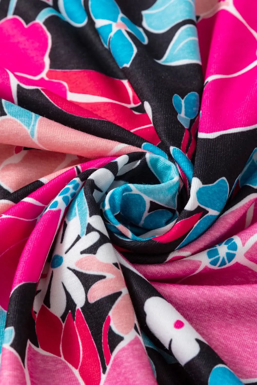 Pink Floral V Neck Roll Tab Sleeve Blouse - Love Salve 