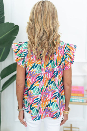 Rose Red Floral Print Ruffled Flutter Sleeve Blouse - Love Salve 