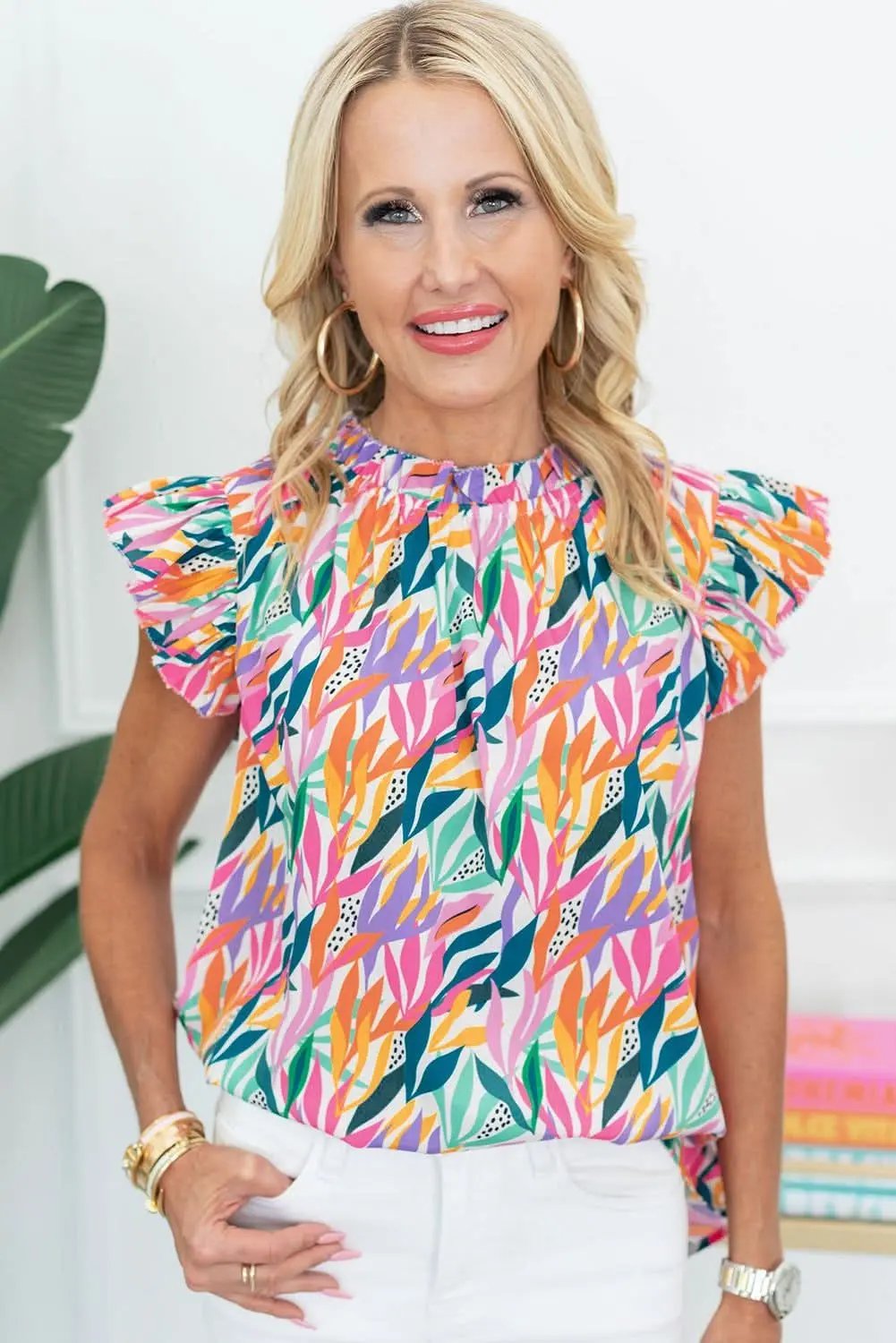 Rose Red Floral Print Ruffled Flutter Sleeve Blouse - Love Salve 