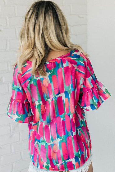 Rose Abstract Brushwork Print Buttoned V Neck Blouse - Love Salve 