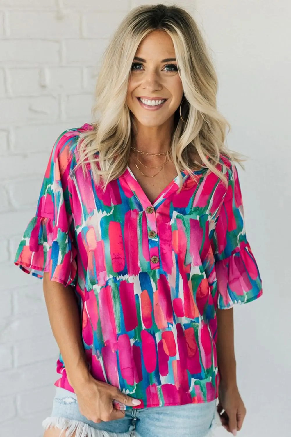 Rose Abstract Brushwork Print Buttoned V Neck Blouse - Love Salve 