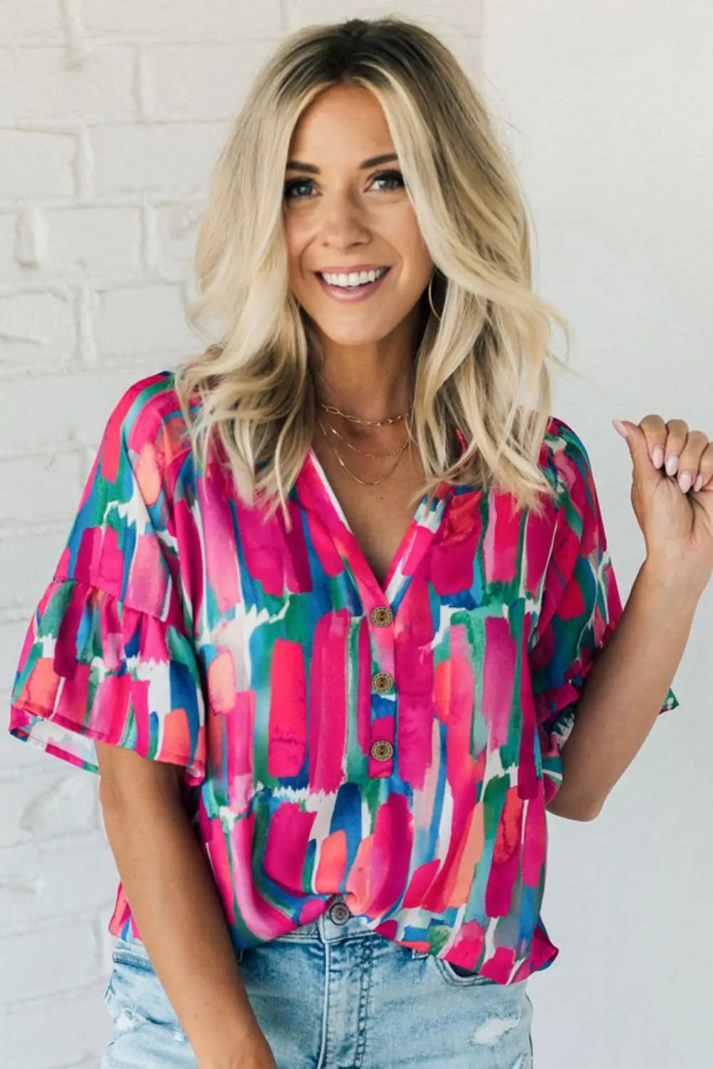 Rose Abstract Brushwork Print Buttoned V Neck Blouse - Love Salve 