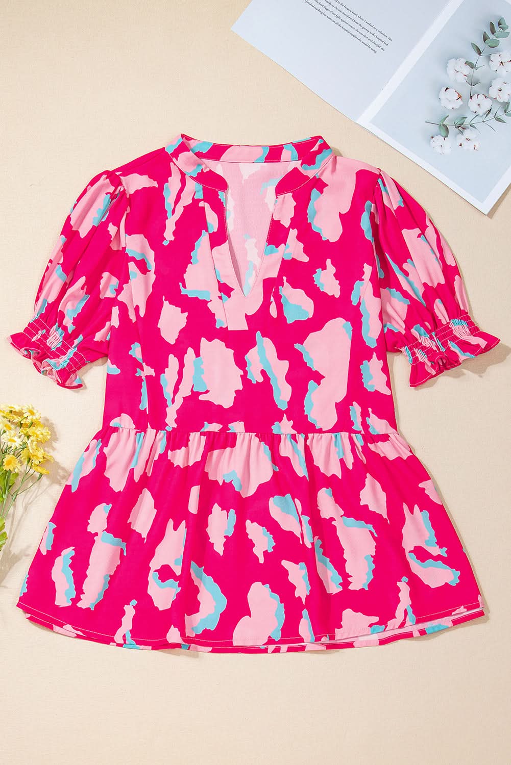 Rose Abstract Print Smocked Puff Sleeve V Neck Blouse - Love Salve 
