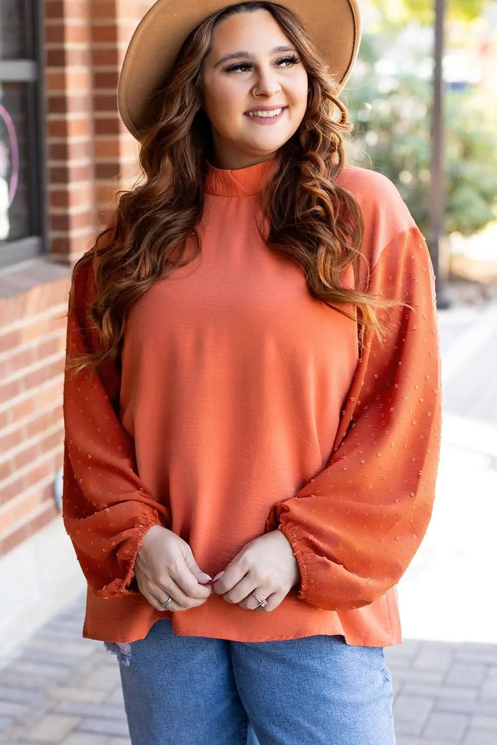 Russet Orange Swiss Dot Balloon Sleeve Loose Blouse - Love Salve 