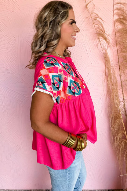 Strawberry Pink Geometric Embroidered Tassel Tie V Neck Blouse - Love Salve 