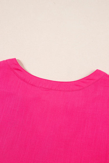 Strawberry Pink Geometric Embroidered Tassel Tie V Neck Blouse - Love Salve 