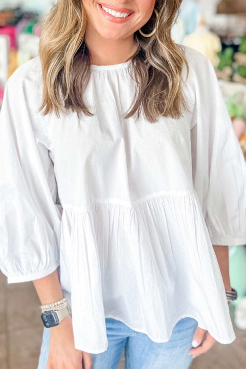 White Bow Knot Cutout Back Loose Fit 3/4 Sleeve Blouse - Love Salve 
