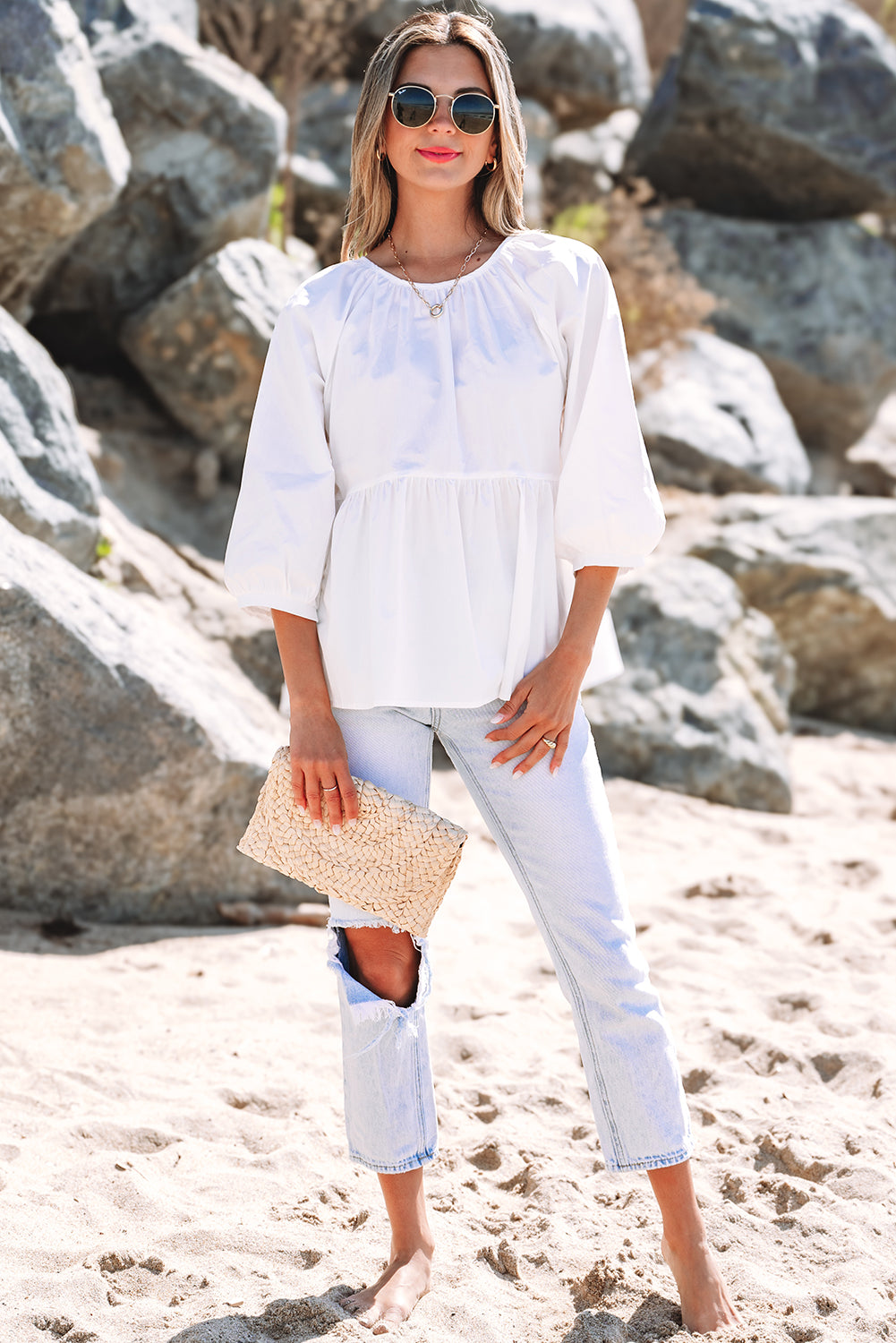 White Bow Knot Cutout Back Loose Fit 3/4 Sleeve Blouse - Love Salve 