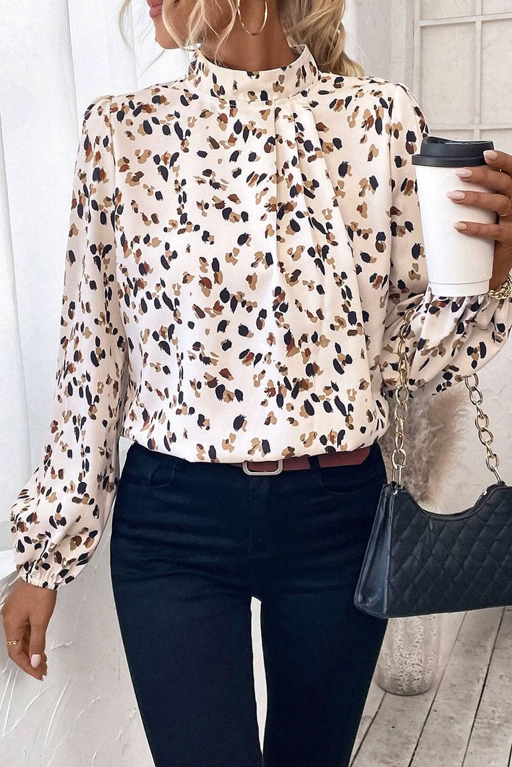White Leopard Print Lantern Sleeve Mock Neck Pleated Blouse with Chic Design